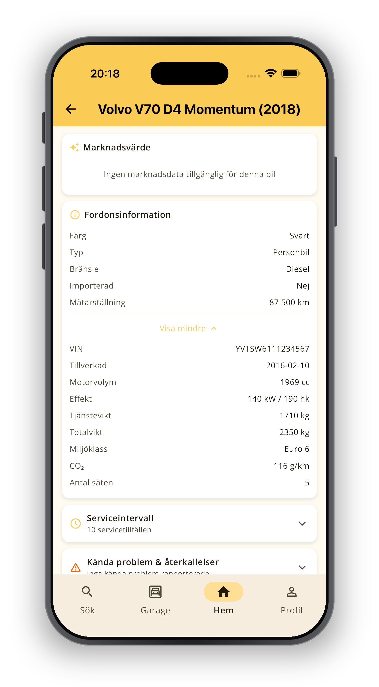 Appens vy för att slå upp tekniska data om vilket fordon som helst