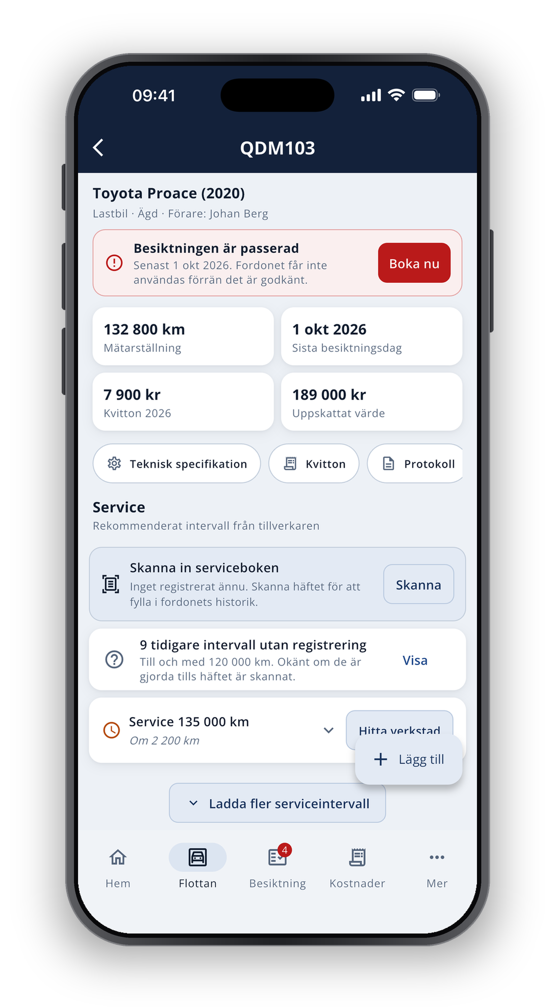 Fordonskortet i telefonen: regnummer, nyckeltal, larm om passerad besiktning och serviceintervall