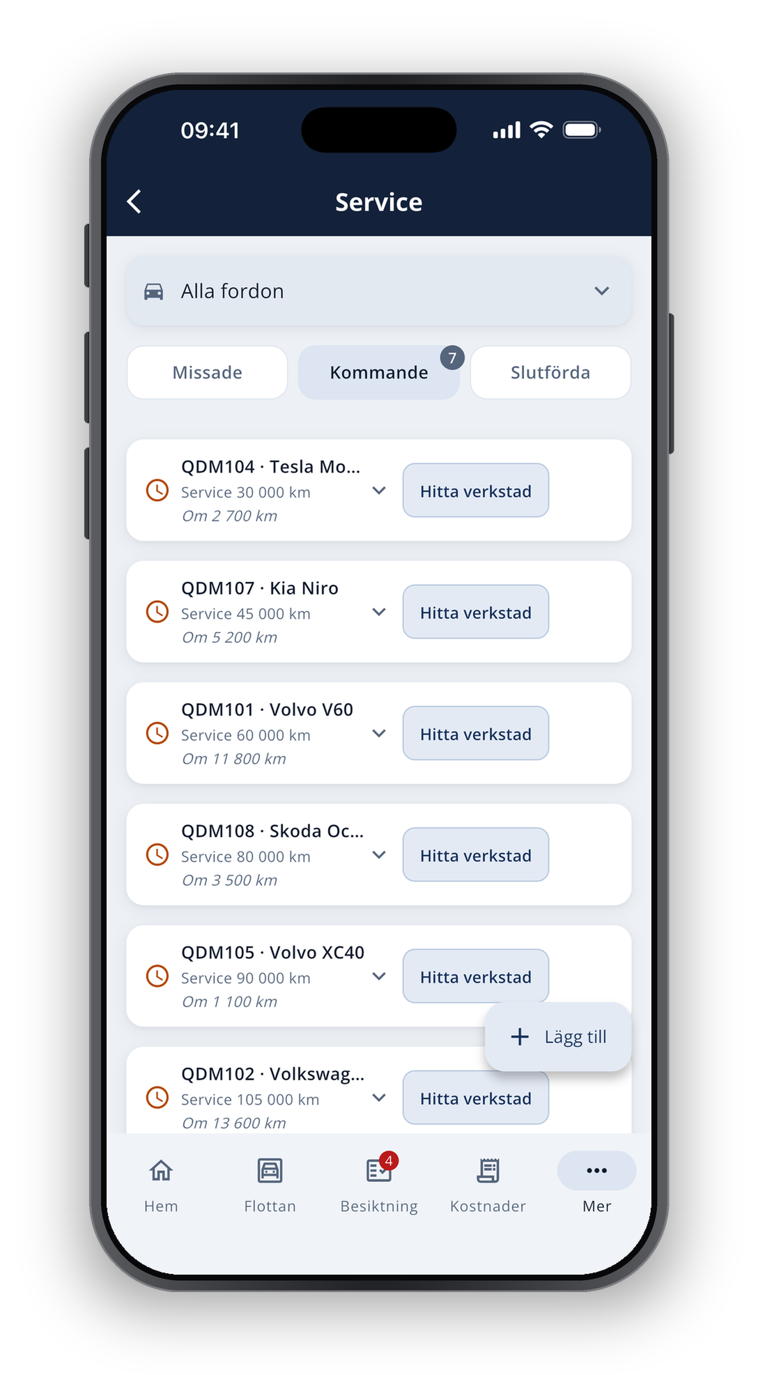 Service i telefonen: kommande servicetillfällen per fordon, med fordonet först i raden och en knapp för att hitta verkstad