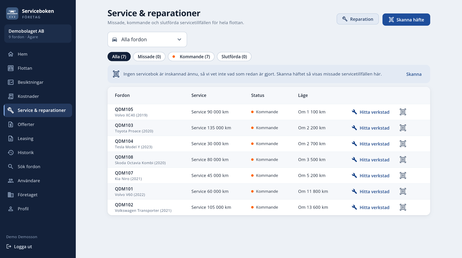 Service och reparationer: tabell med kommande servicetillfällen per fordon och knapp för att hitta verkstad