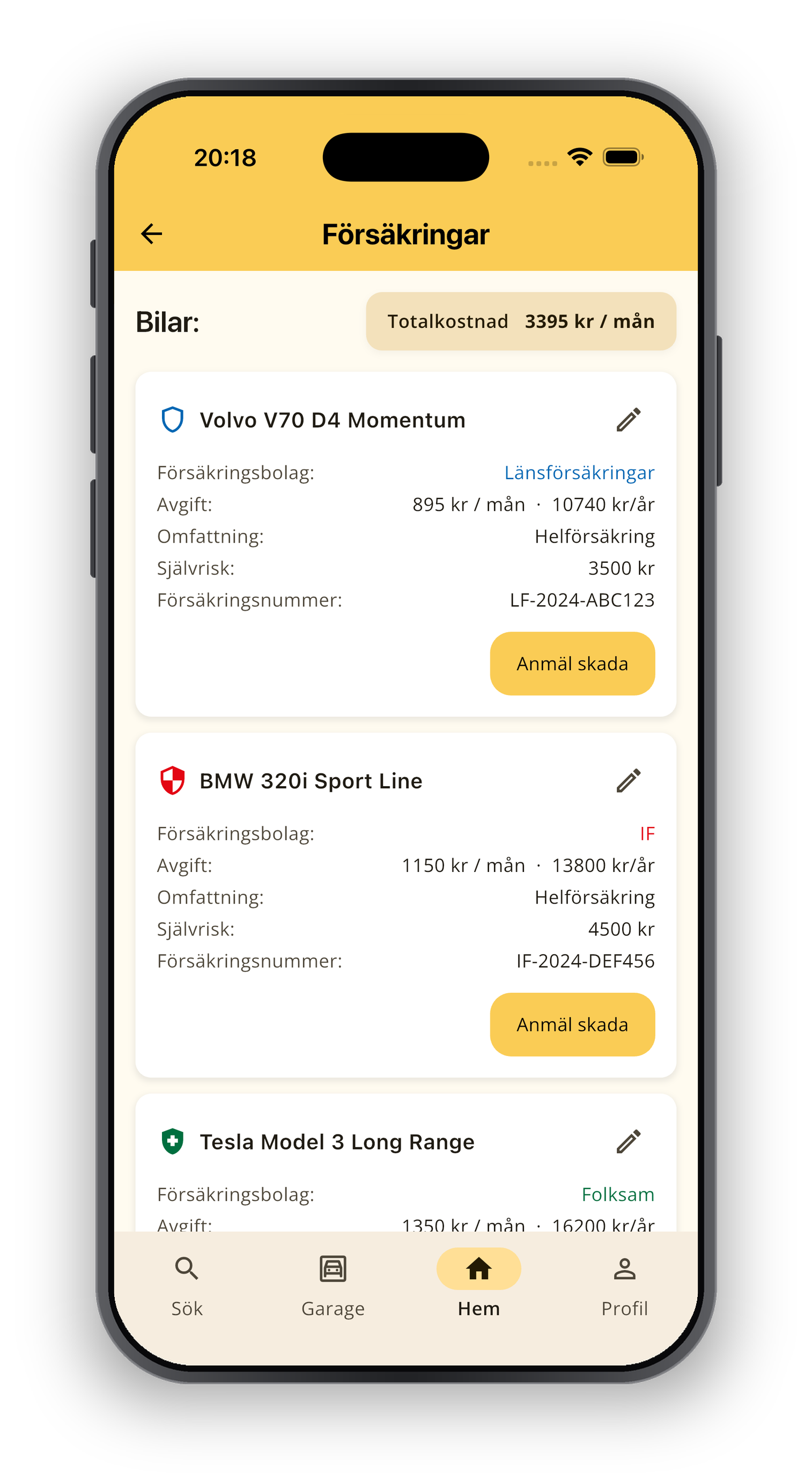 Appens vy med fordonsförsäkringar samlade