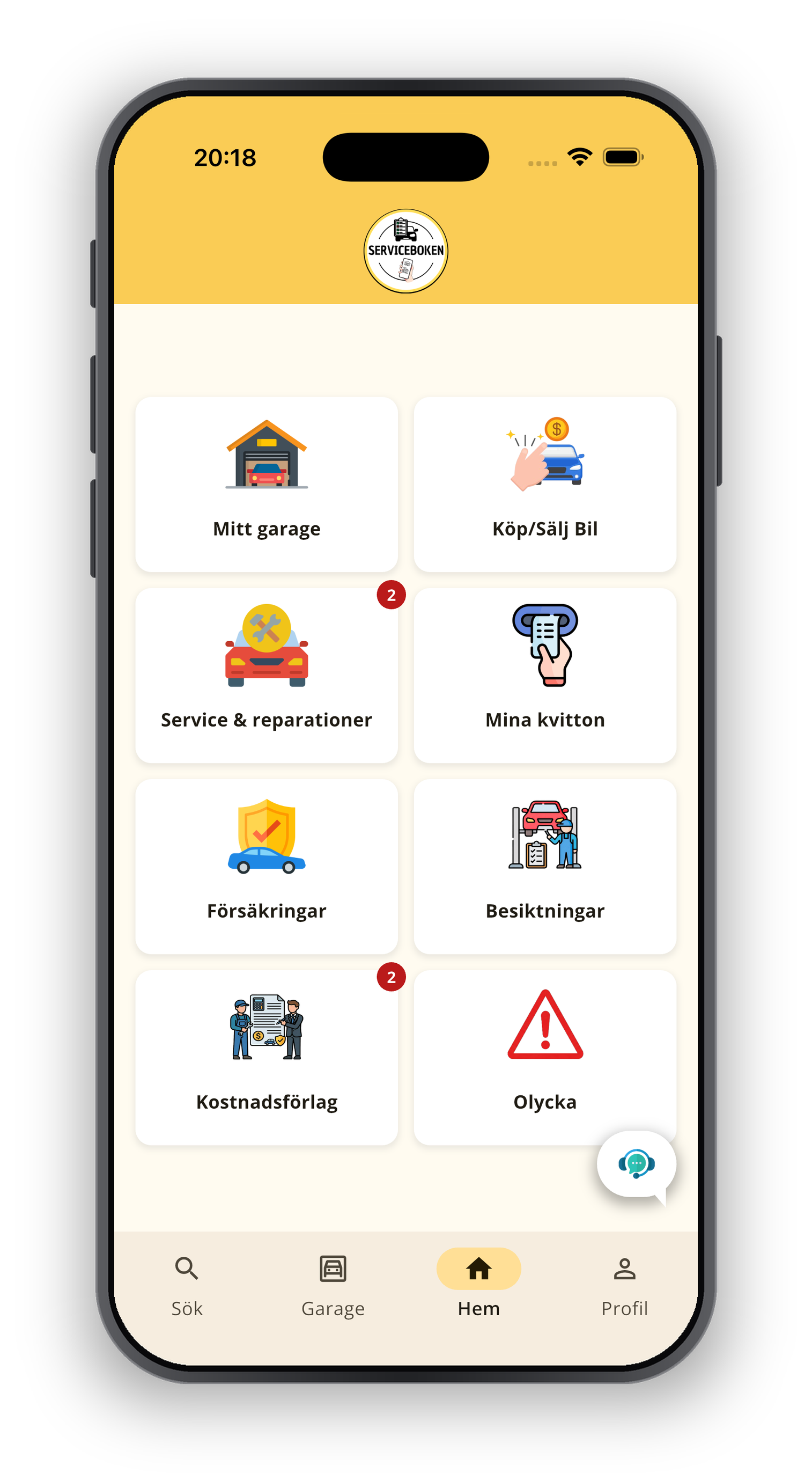 Servicebokens hemskärm i appen med Mitt garage, servicehistorik, kvitton, försäkringar och kostnadsförslag