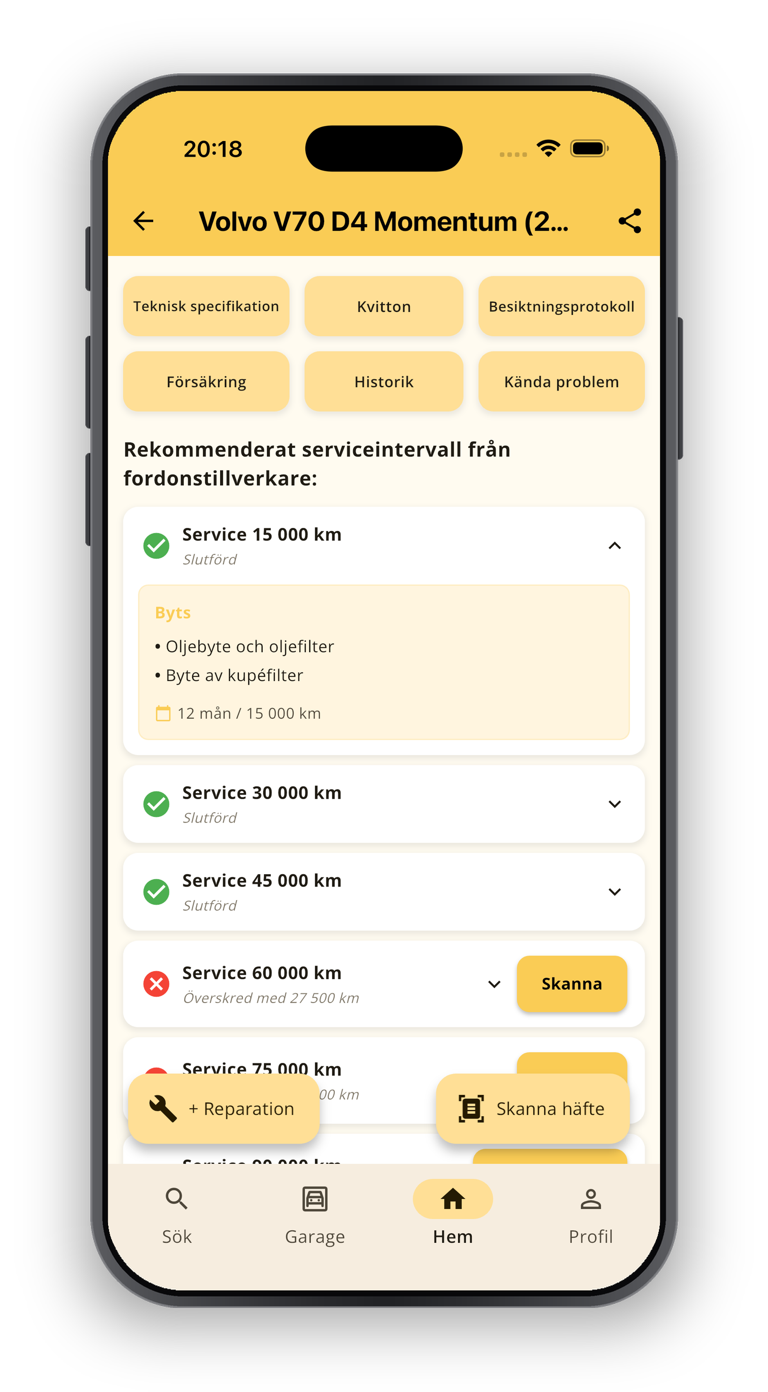 Appens vy med en utfälld service som visar vad som ingår