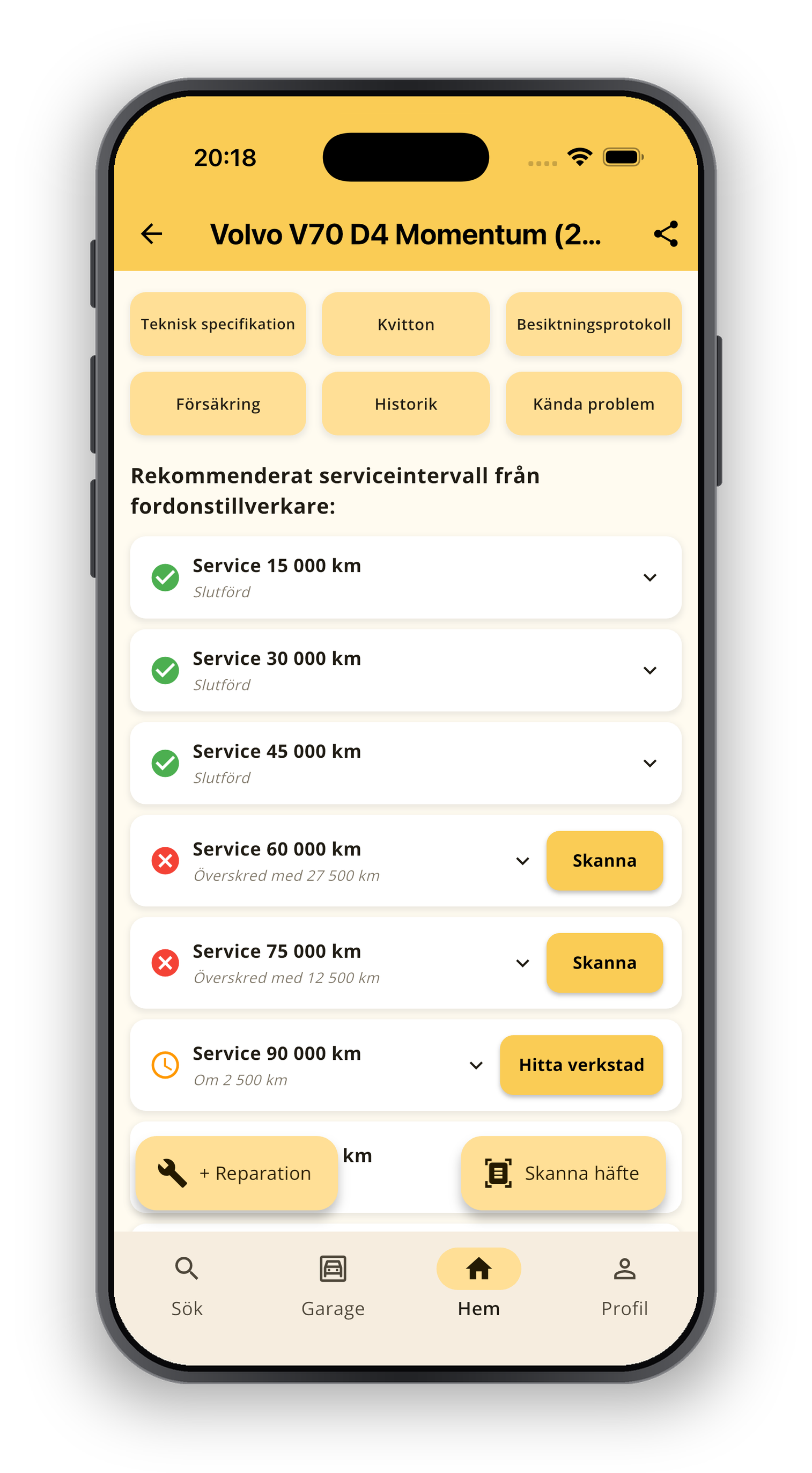 Appens vy med rekommenderade serviceintervall för din bilmodell